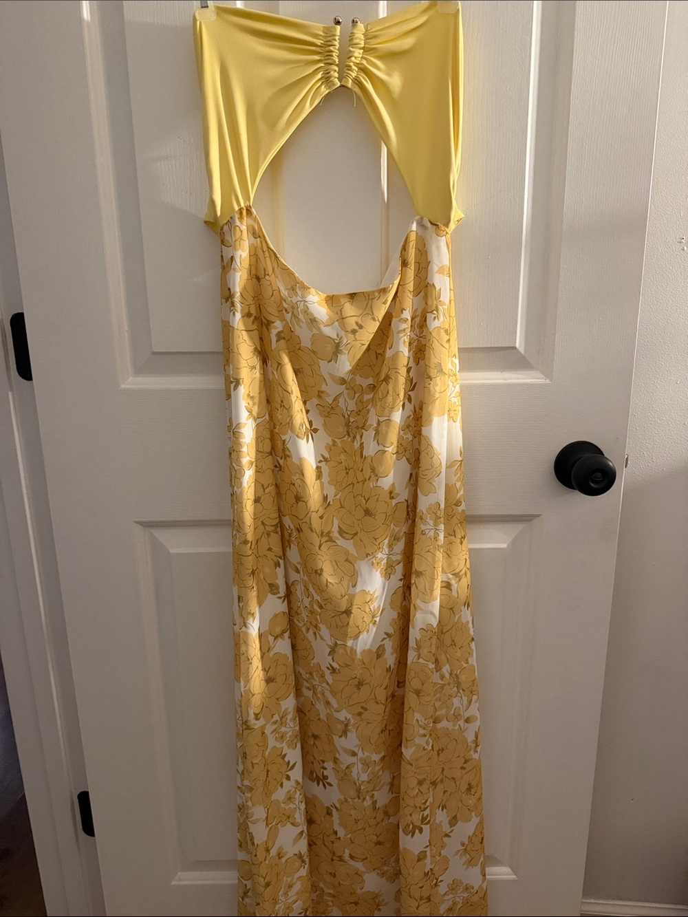 Yellow Floral Cutout Maxi Dress with Ruched Bodice